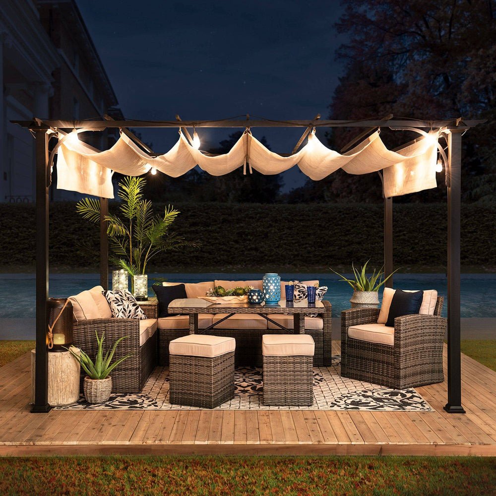 SUNJOY 9x12 Steel Retractable Pergola with Beige Roof for Backyard