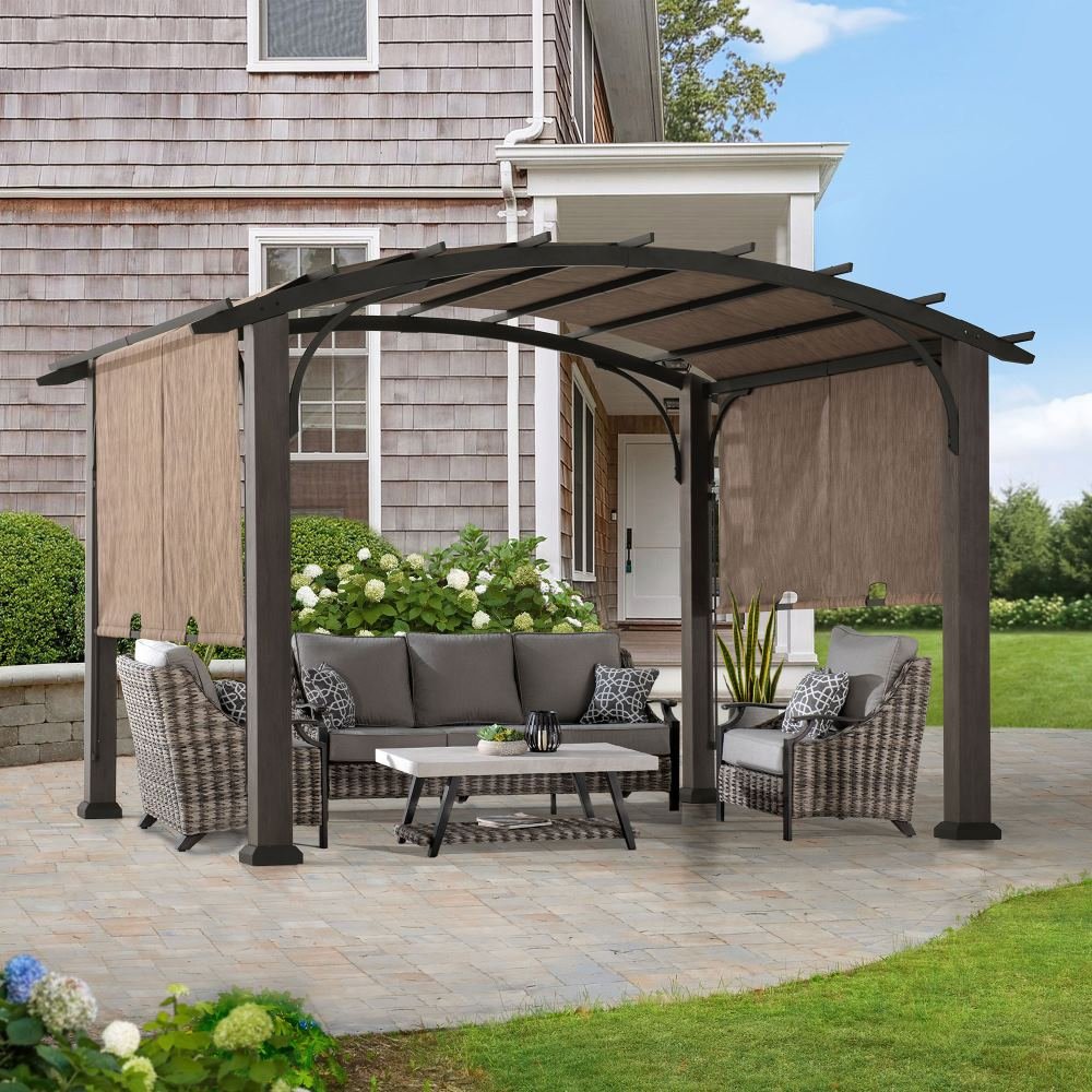 SUNJOY 10x12 Metal Pergola with Retractable Canopy and Curved Roof - Natural Cedar Finish
