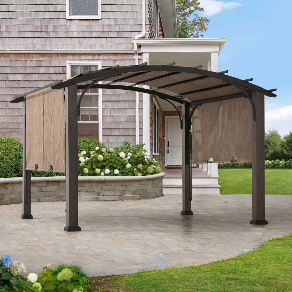 SUNJOY 10x12 Metal Pergola with Retractable Canopy and Curved Roof - Natural Cedar Finish