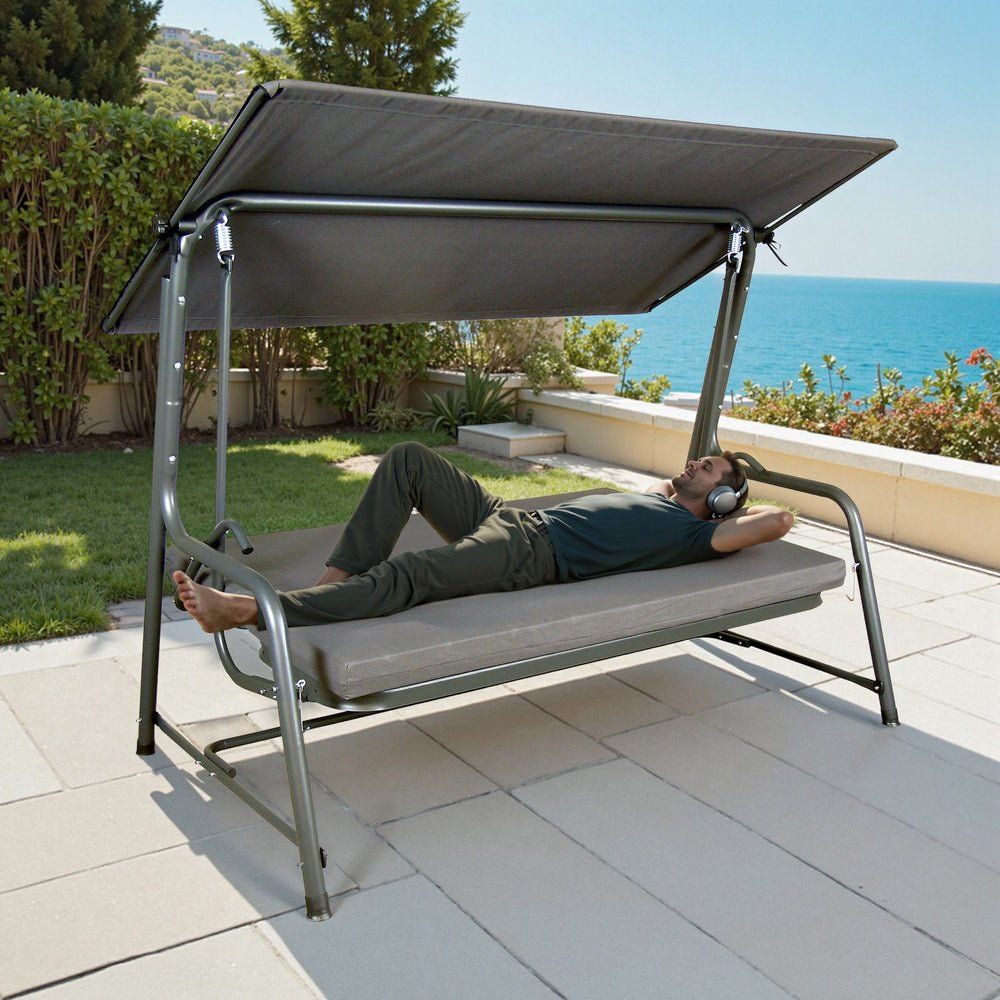 SUNJOY 4-Seat Italian-Made Patio Swing Chair / Bed with Adjustable Canopy and Cushions – Gray