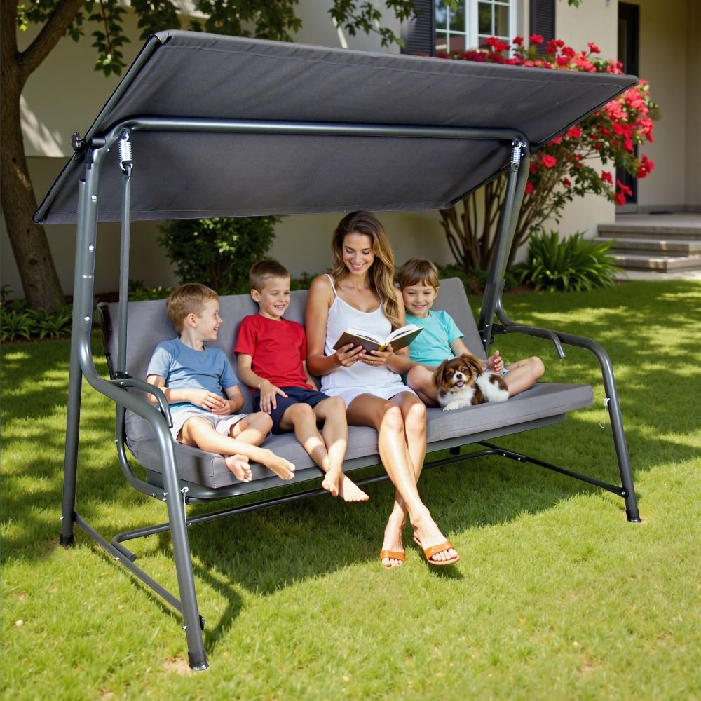 SUNJOY 4-Seat Italian-Made Patio Swing Chair / Bed with Adjustable Canopy and Cushions – Gray
