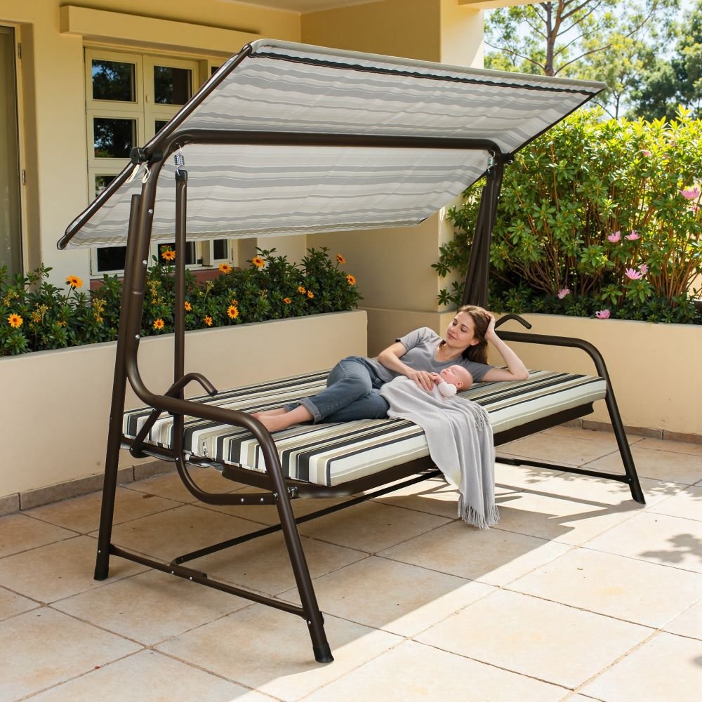 SUNJOY 4-Seat Italian-Made Patio Swing Chair / Bed with Adjustable Canopy and Cushions – Stripe