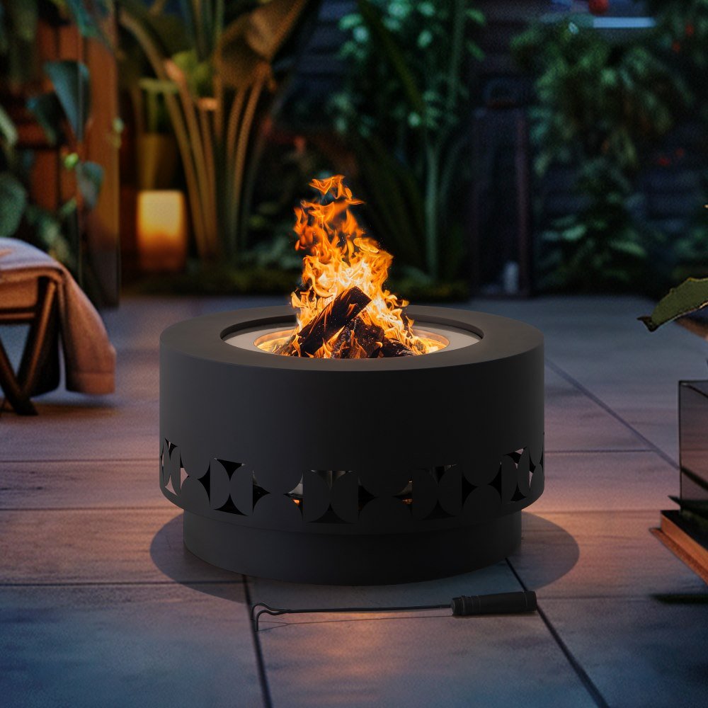 SUNJOY 28 Inch Round Stainless Steel Smokeless Fire Pit with PVC Cover and Poker - Black