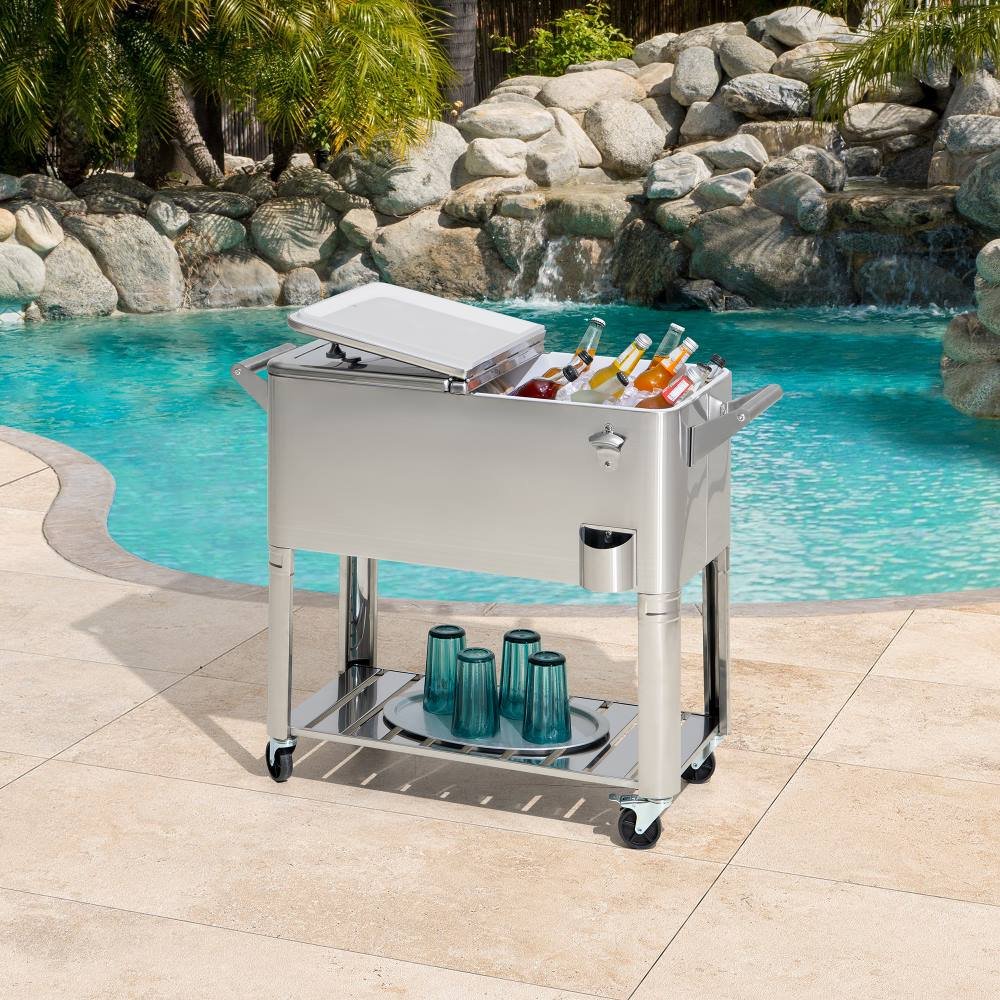 SUNJOY 80 Quart Stainless Steel Cooler Cart with Bottle Opener