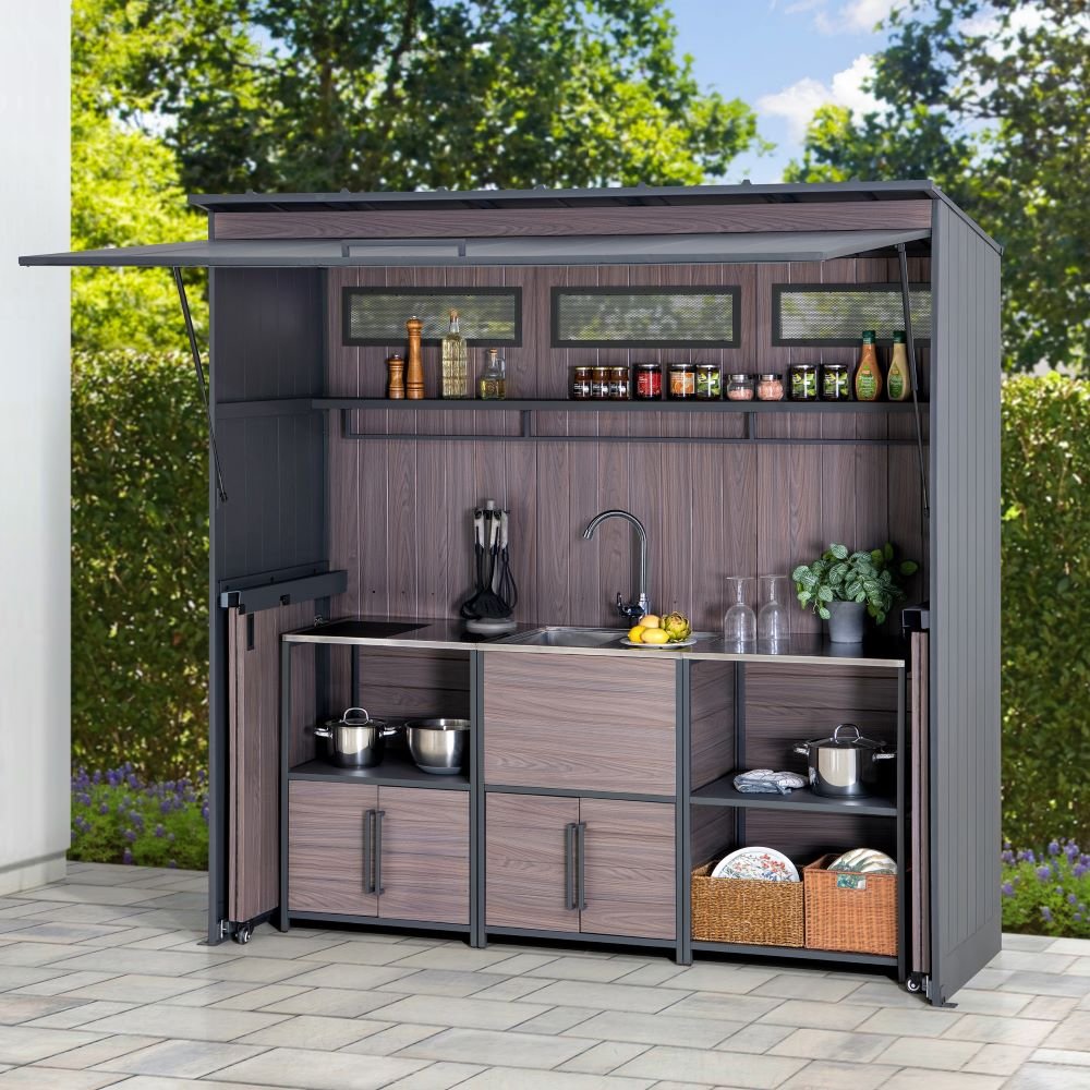 SUNJOY 7' x 3' Outdoor Kitchen / Grill Station with Overhead Lift-Up Door & Folding Sliding Doors for Compact Space