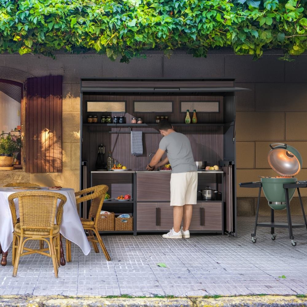 SUNJOY 7' x 3' Outdoor Kitchen / Grill Station with Overhead Lift-Up Door & Folding Sliding Doors for Compact Space
